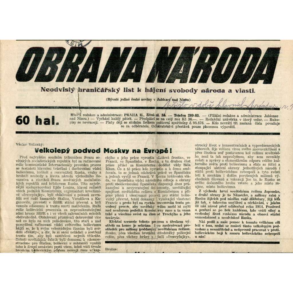 Obrana národa 28.8.1936 (antisemitismus, antisemitské, protibolševické noviny)