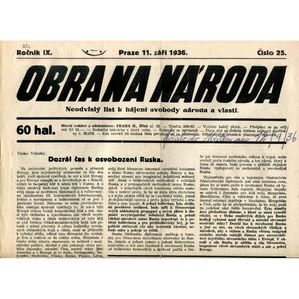 Obrana národa 11.9.1936 (antisemitismus, antisemitské, protibolševické noviny)