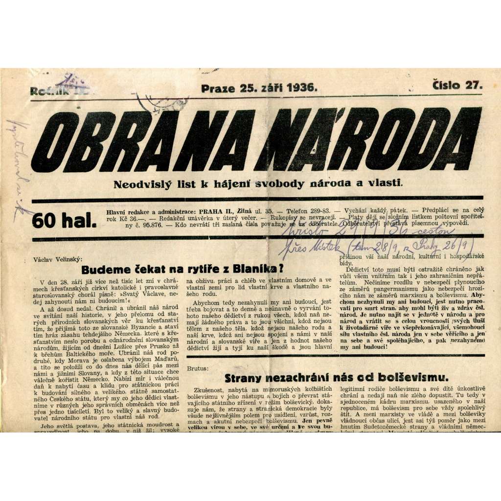 Obrana národa 25.9.1936 (antisemitismus, antisemitské, protibolševické noviny)