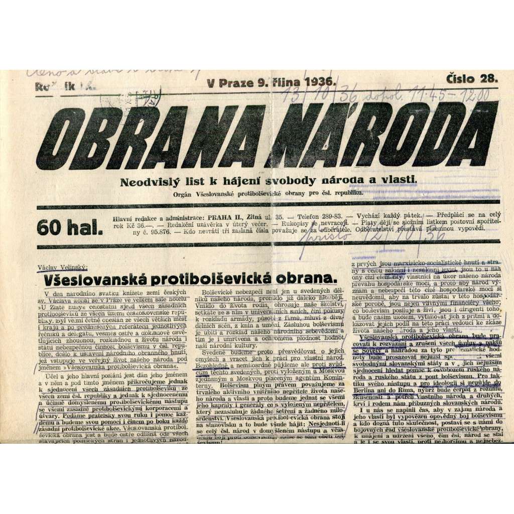 Obrana národa 9.10.1936 (antisemitismus, antisemitské, protibolševické noviny)