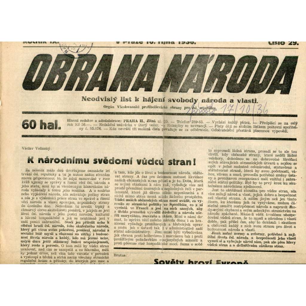 Obrana národa 16.10.1936 (antisemitismus, antisemitské, protibolševické noviny)