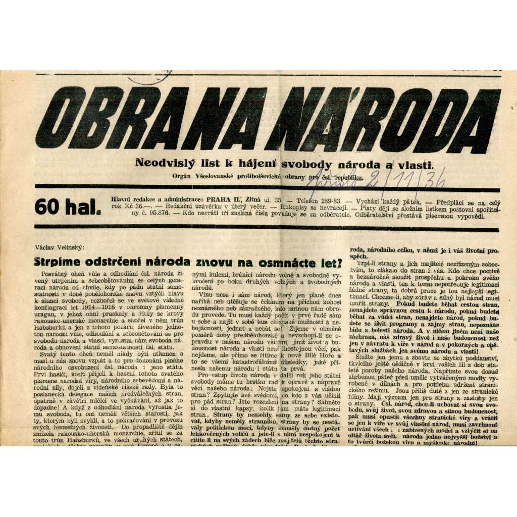 Obrana národa 30.10.1936 (antisemitismus, antisemitské, protibolševické noviny)