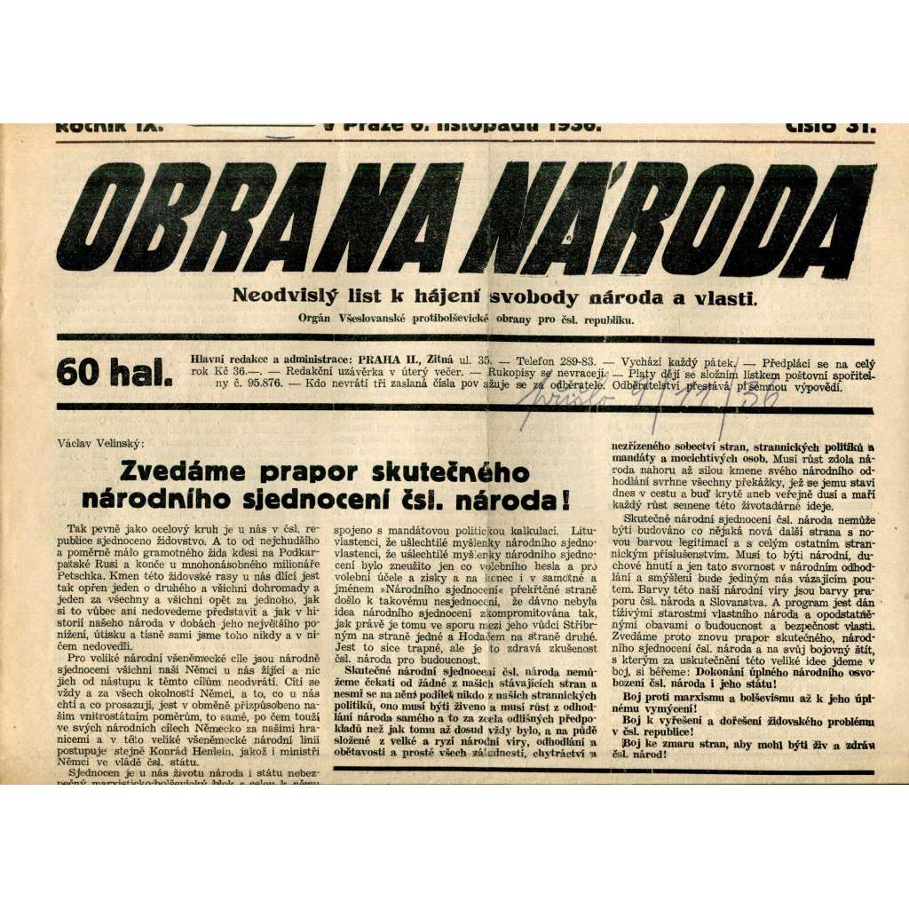 Obrana národa 6.11.1936 (antisemitismus, antisemitské, protibolševické noviny)