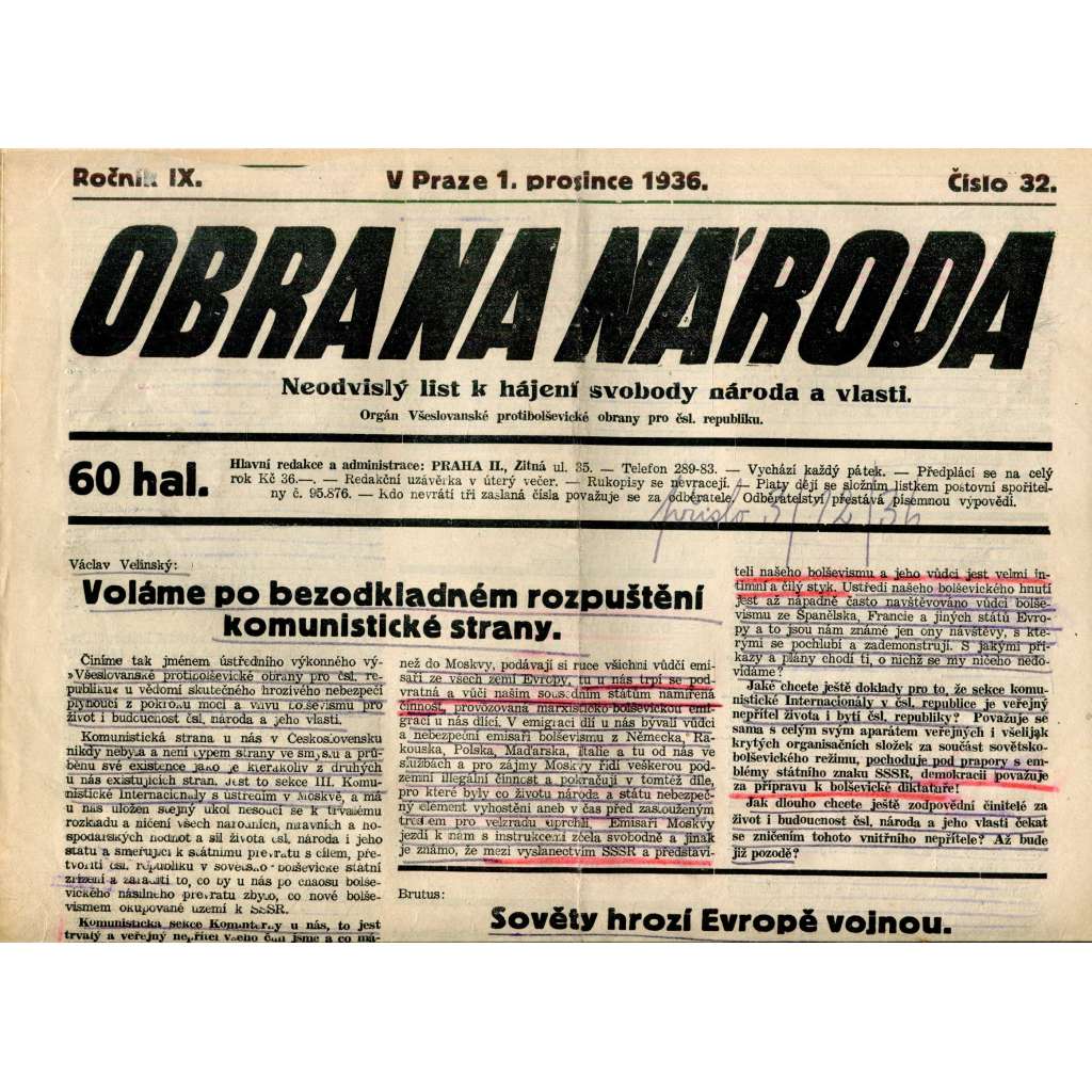 Obrana národa 1.12.1936 (antisemitismus, antisemitské, protibolševické noviny)