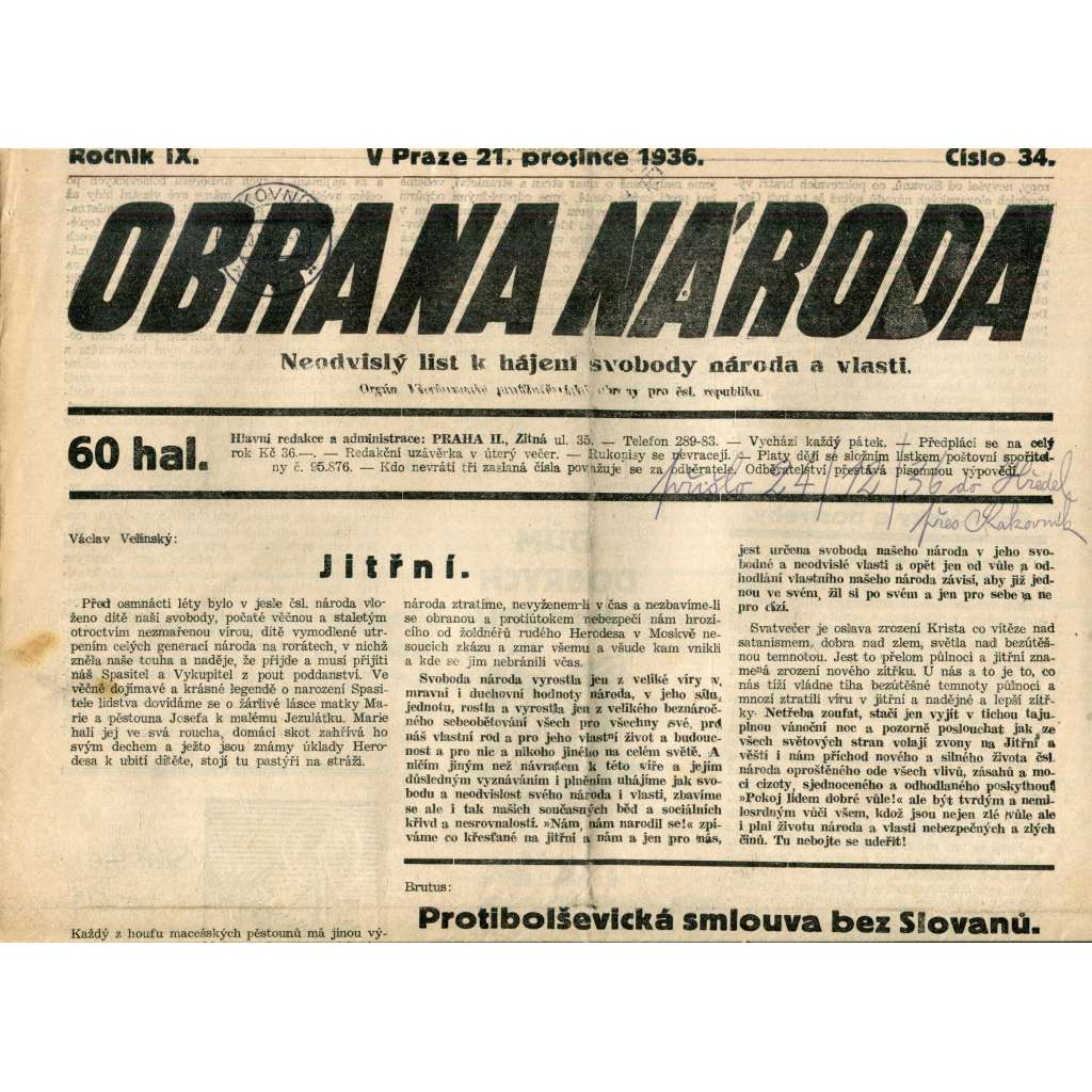 Obrana národa 21.12.1936 (antisemitismus, antisemitské, protibolševické noviny)