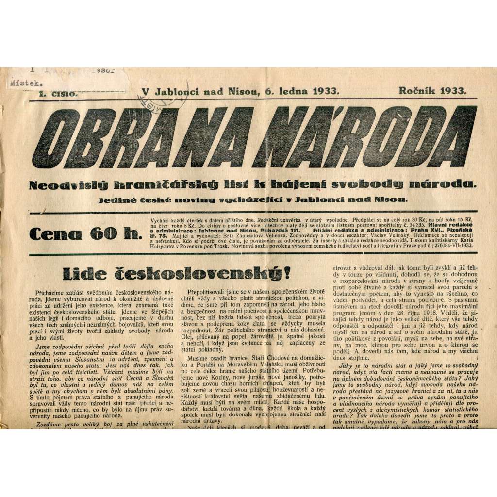 Obrana národa 6.1.1933 (antisemitismus, antisemitské, protibolševické noviny)