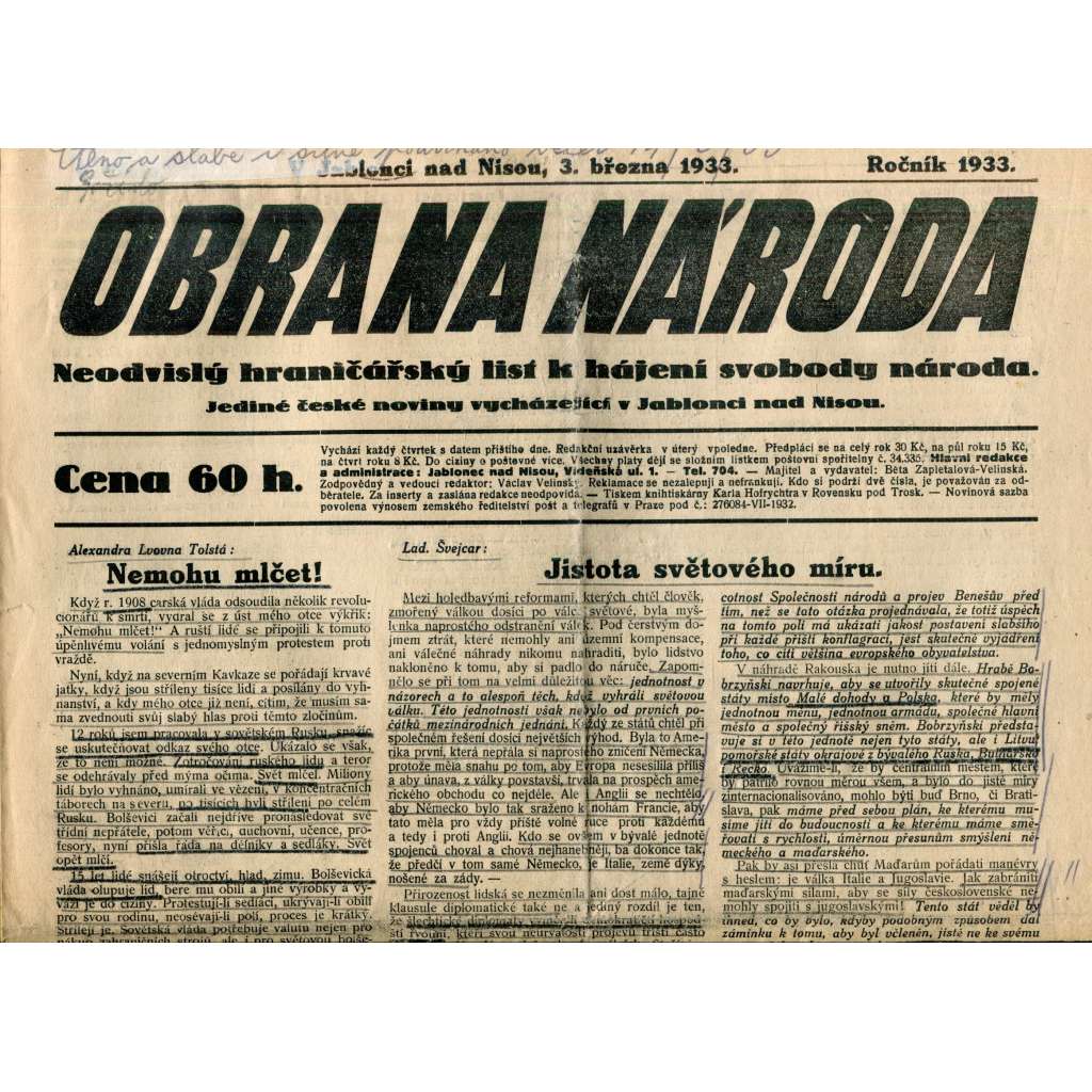 Obrana národa 3.3.1933 (antisemitismus, antisemitské, protibolševické noviny)