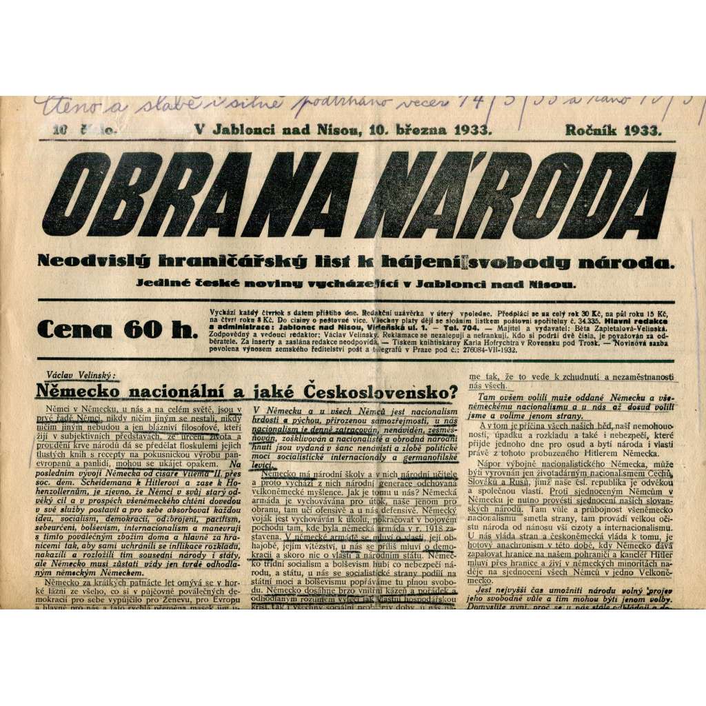 Obrana národa 10.3.1933 (antisemitismus, antisemitské, protibolševické noviny)