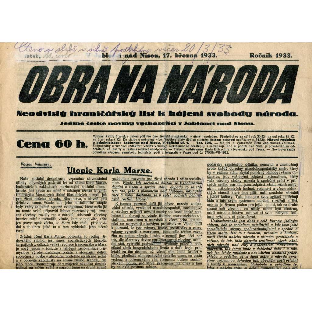 Obrana národa 17.3.1933 (antisemitismus, antisemitské, protibolševické noviny)