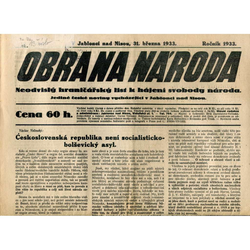 Obrana národa 31.3.1933 (antisemitismus, antisemitské, protibolševické noviny)