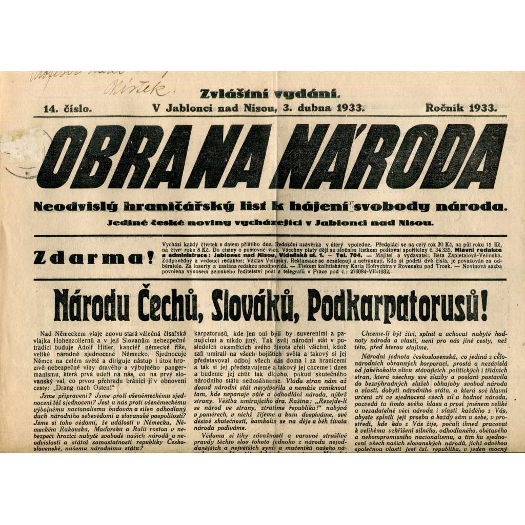 Obrana národa 3.4.1933 - zvláštní vydání (antisemitismus, antisemitské, protibolševické noviny)
