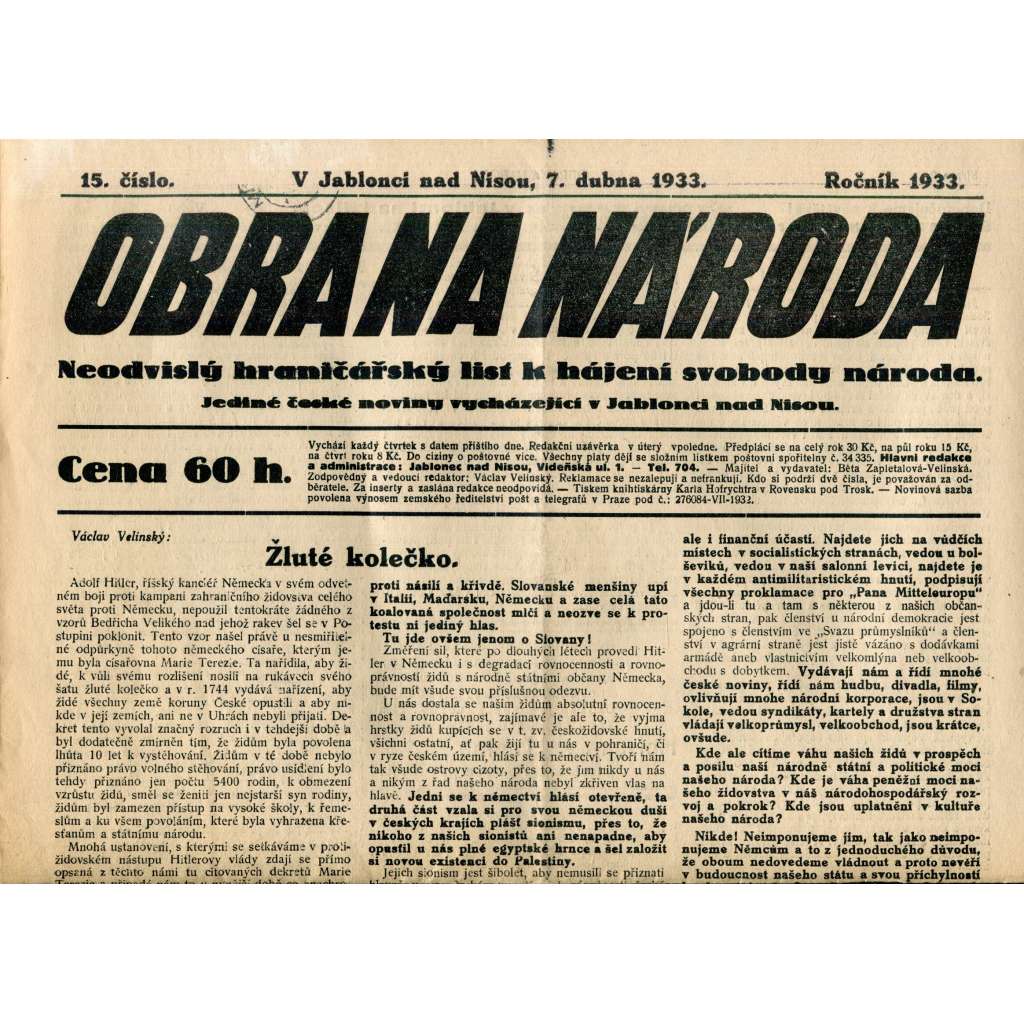 Obrana národa 7.4.1933 (antisemitismus, antisemitské, protibolševické noviny)