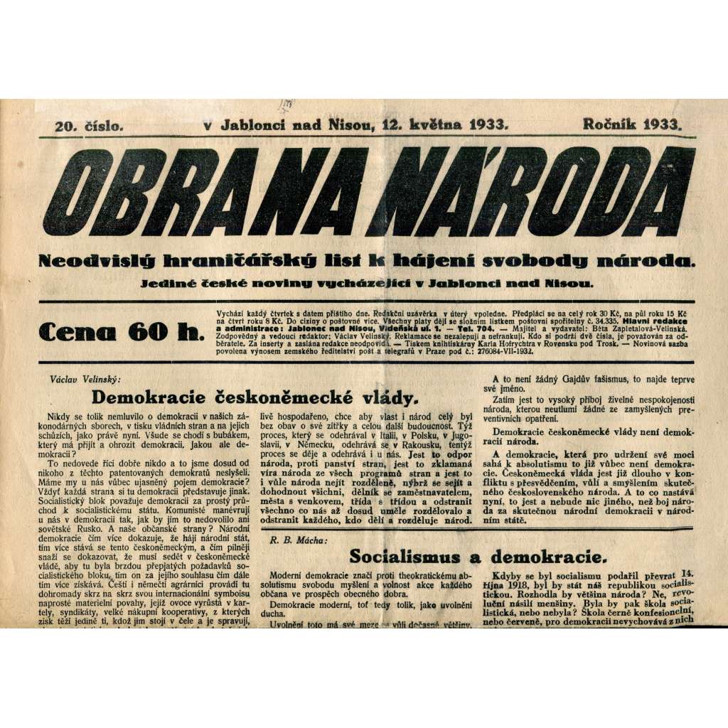 Obrana národa 12.5.1933 (antisemitismus, antisemitské, protibolševické noviny)
