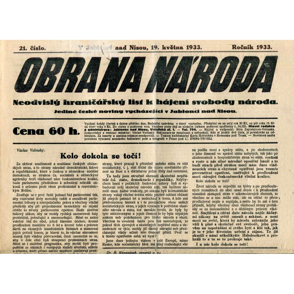 Obrana národa 19.5.1933 (antisemitismus, antisemitské, protibolševické noviny)