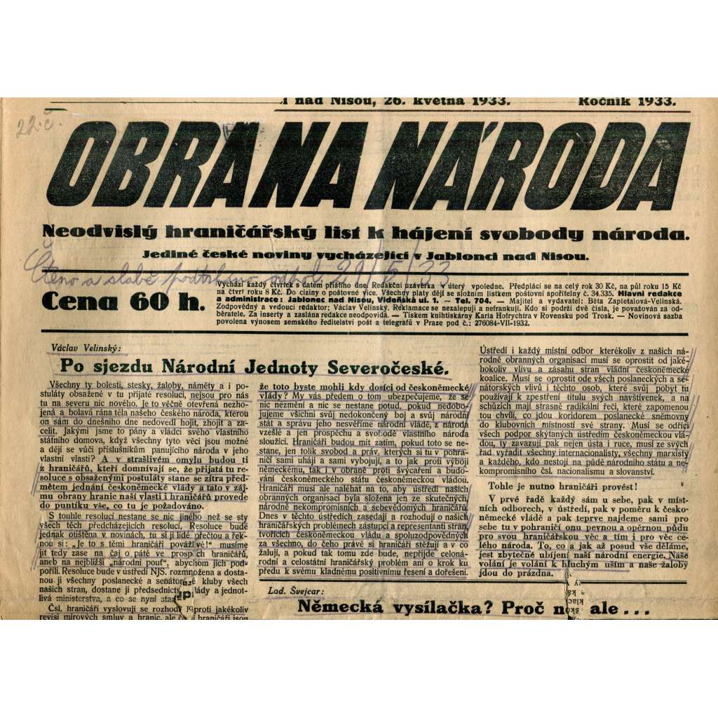 Obrana národa 26.5.1933 (antisemitismus, antisemitské, protibolševické noviny)