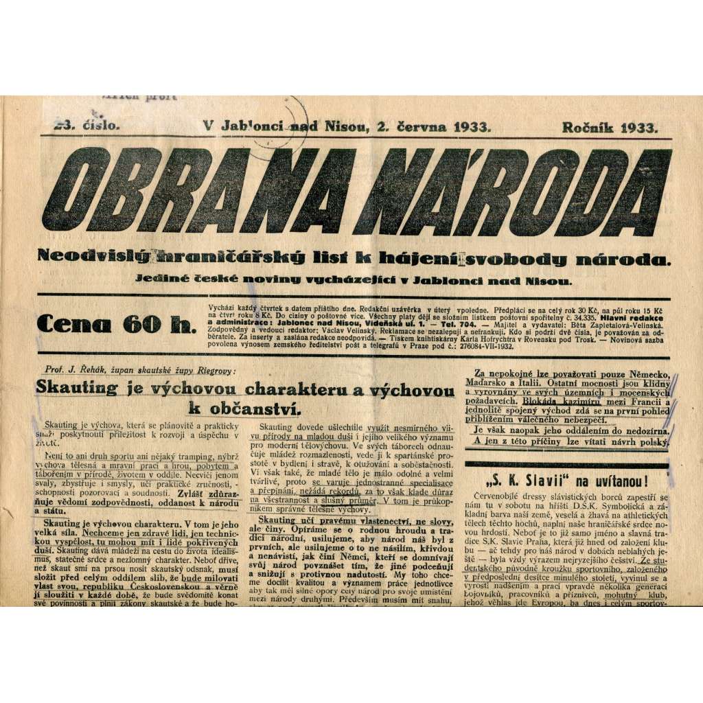 Obrana národa 2.6.1933 (antisemitismus, antisemitské, protibolševické noviny)