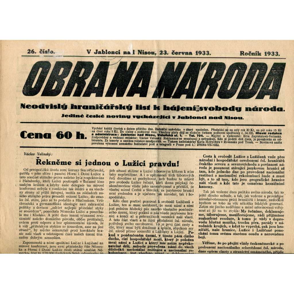 Obrana národa 23.6.1933 (antisemitismus, antisemitské, protibolševické noviny)