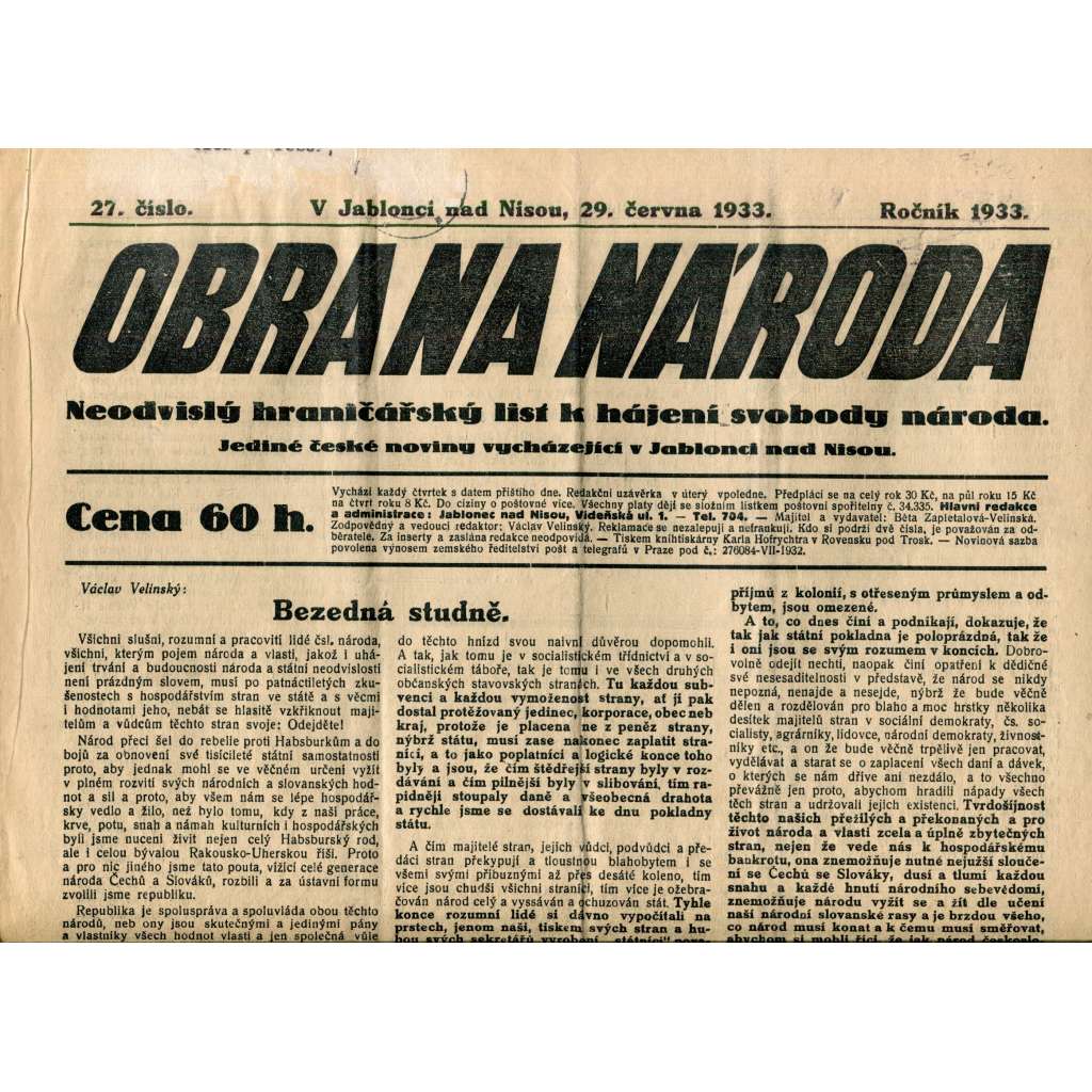 Obrana národa 29.6.1933 (antisemitismus, antisemitské, protibolševické noviny)