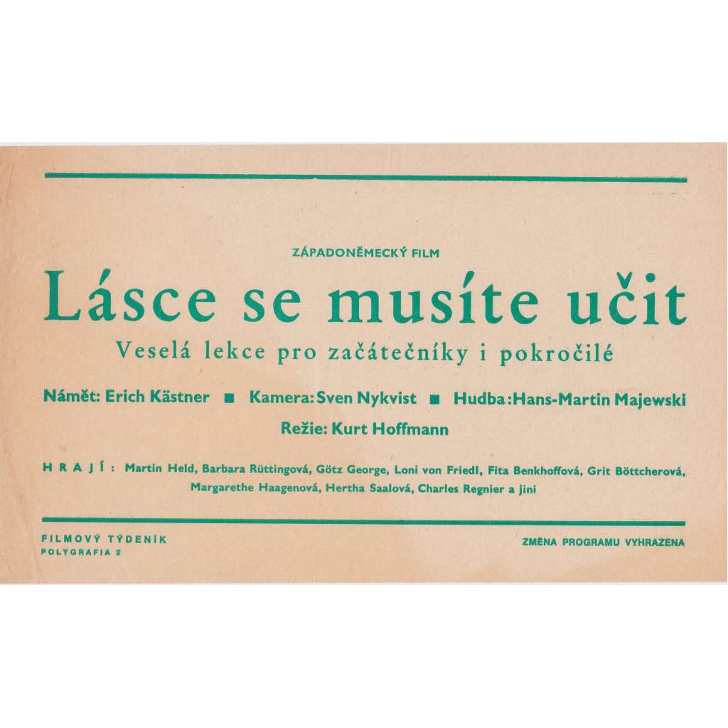 Lásce se musíte učit (filmový plakát, slepka, film Německo 1969, režie Kurt Hoffmann, Hrají: Martin Held, Loni von Friedl)