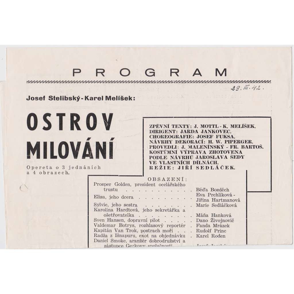 Ostrov milování. Program operety o 3 jednáních.