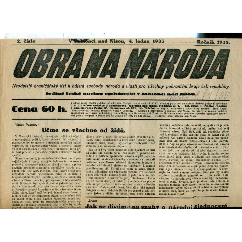 Obrana národa 4.1.1935 (antisemitismus, antisemitské, protibolševické noviny)