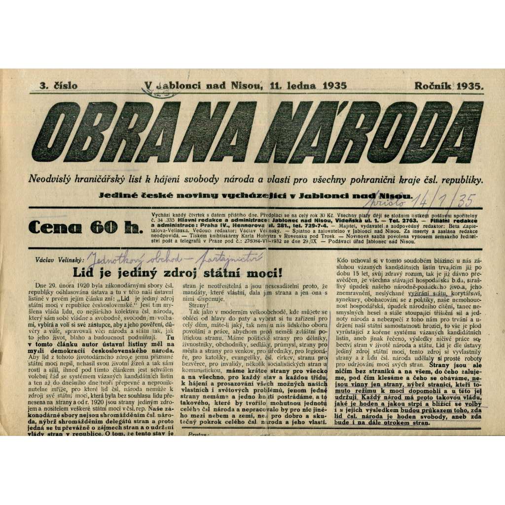 Obrana národa 11.1.1935 (antisemitismus, antisemitské, protibolševické noviny)