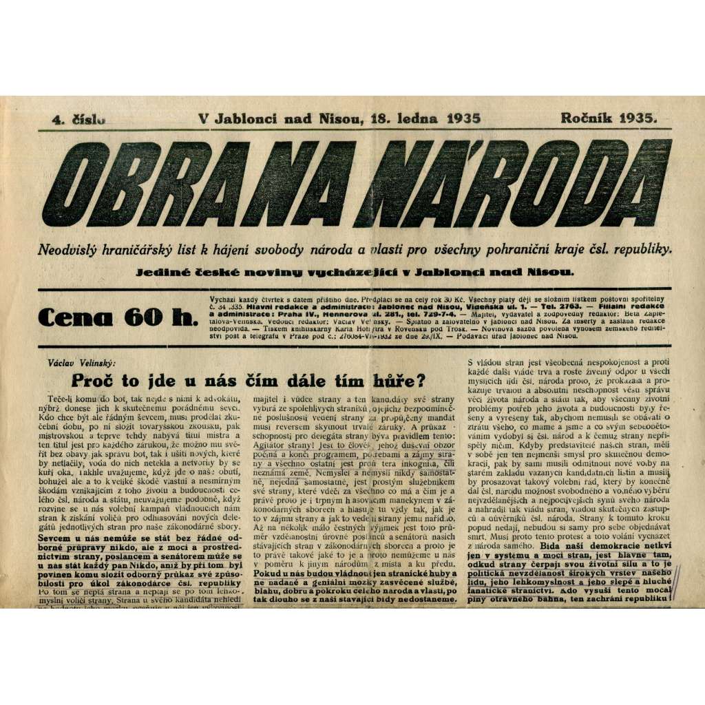 Obrana národa 18.1.1935 (antisemitismus, antisemitské, protibolševické noviny)