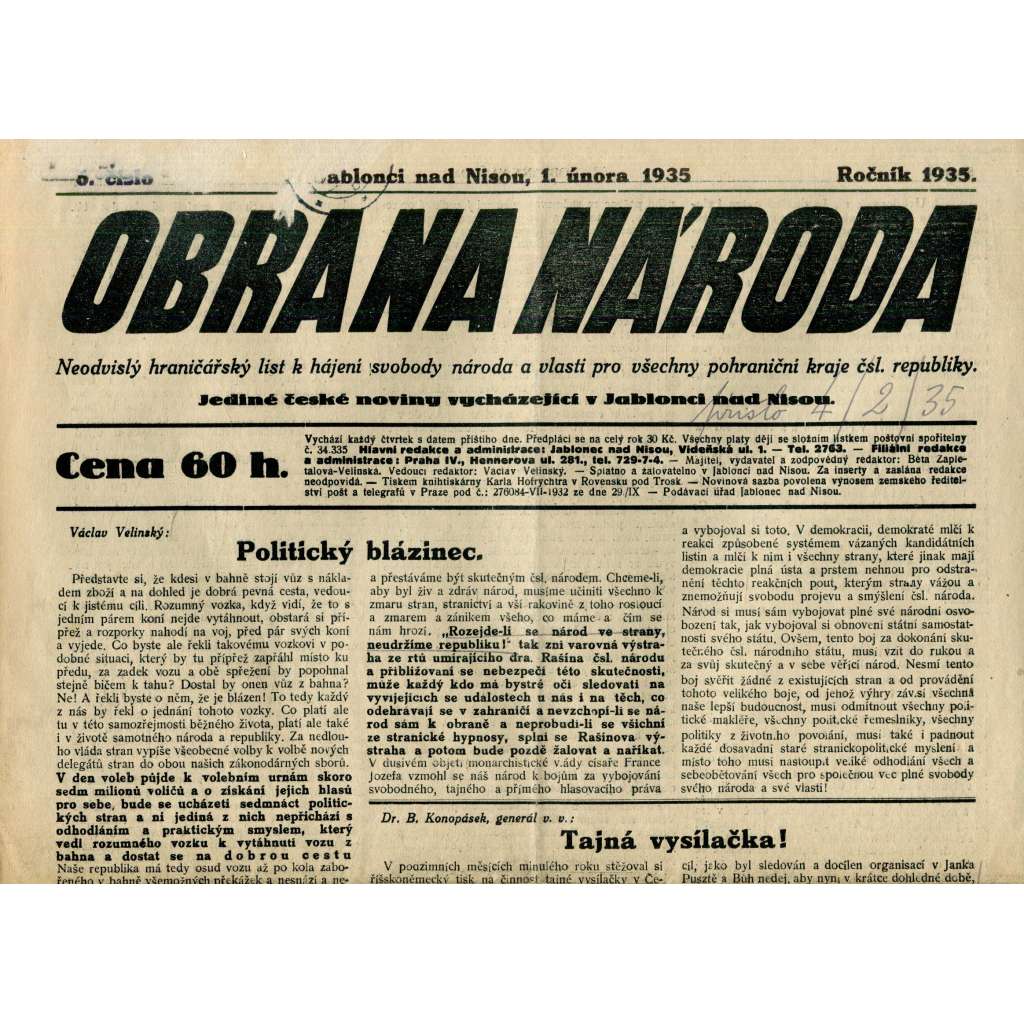 Obrana národa 1.2.1935 (antisemitismus, antisemitské, protibolševické noviny)