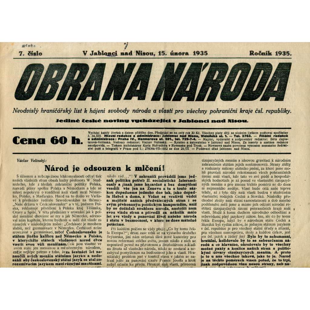 Obrana národa 15.2.1935 (antisemitismus, antisemitské, protibolševické noviny)