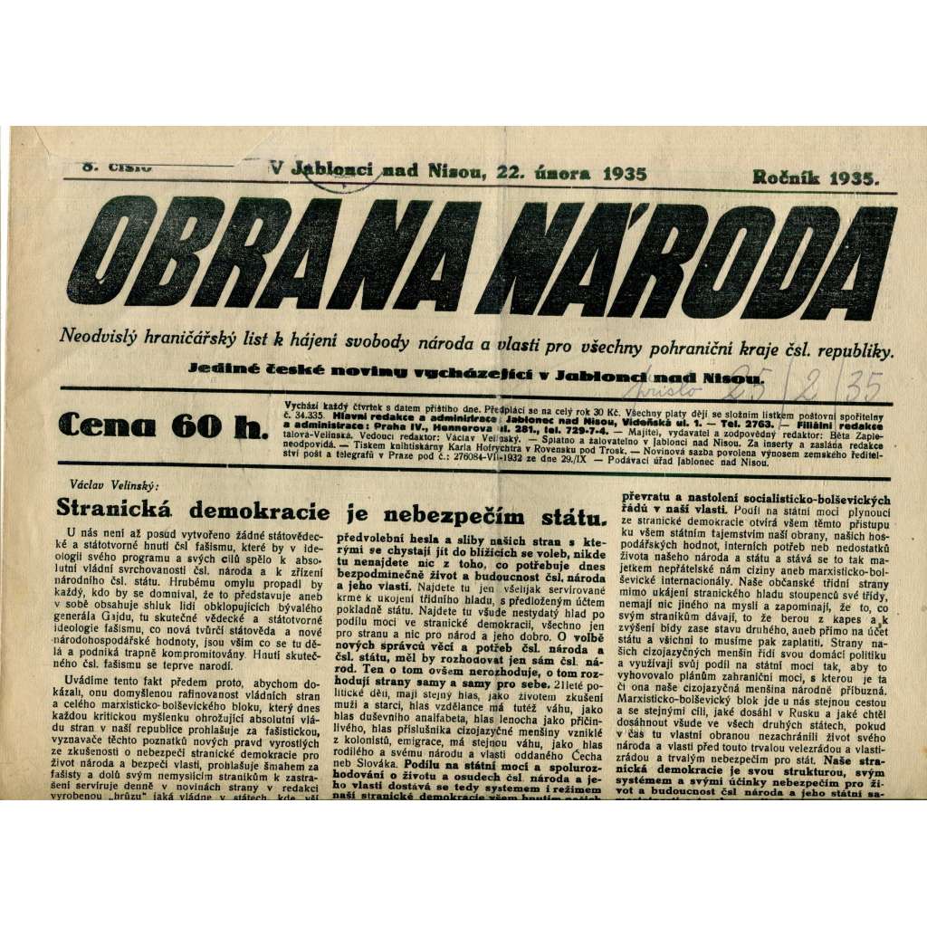 Obrana národa 22.2.1935 (antisemitismus, antisemitské, protibolševické noviny)