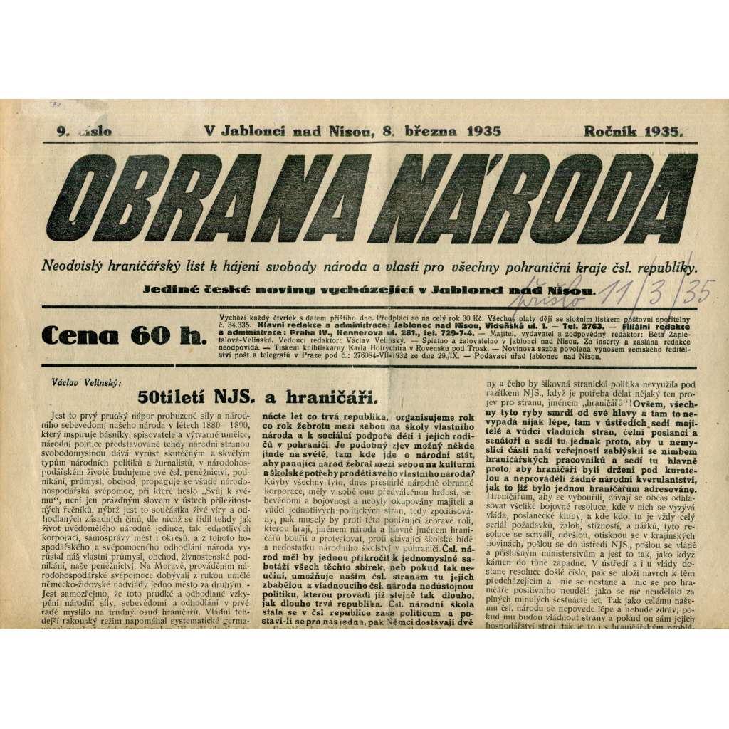 Obrana národa 8.3.1935 (antisemitismus, antisemitské, protibolševické noviny)