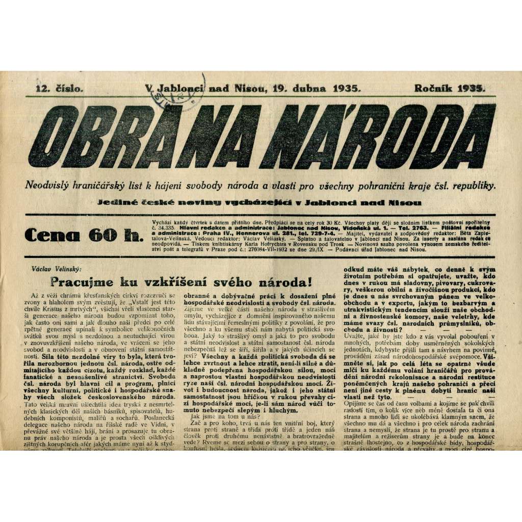 Obrana národa 19.4.1935 (antisemitismus, antisemitské, protibolševické noviny)