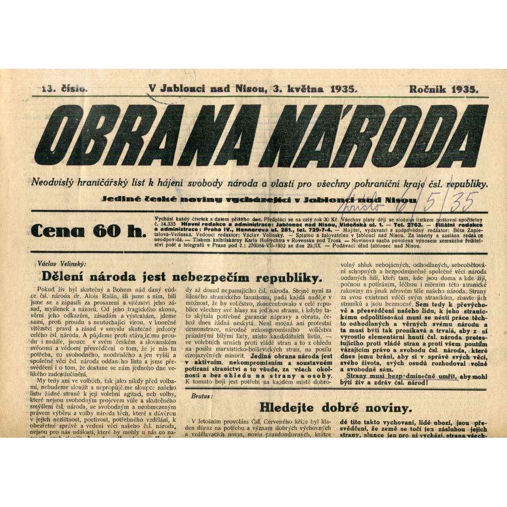Obrana národa 3.5.1935 (antisemitismus, antisemitské, protibolševické noviny)