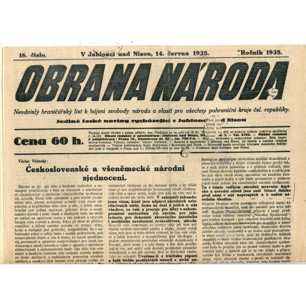 Obrana národa 14.6.1935 (antisemitismus, antisemitské, protibolševické noviny)