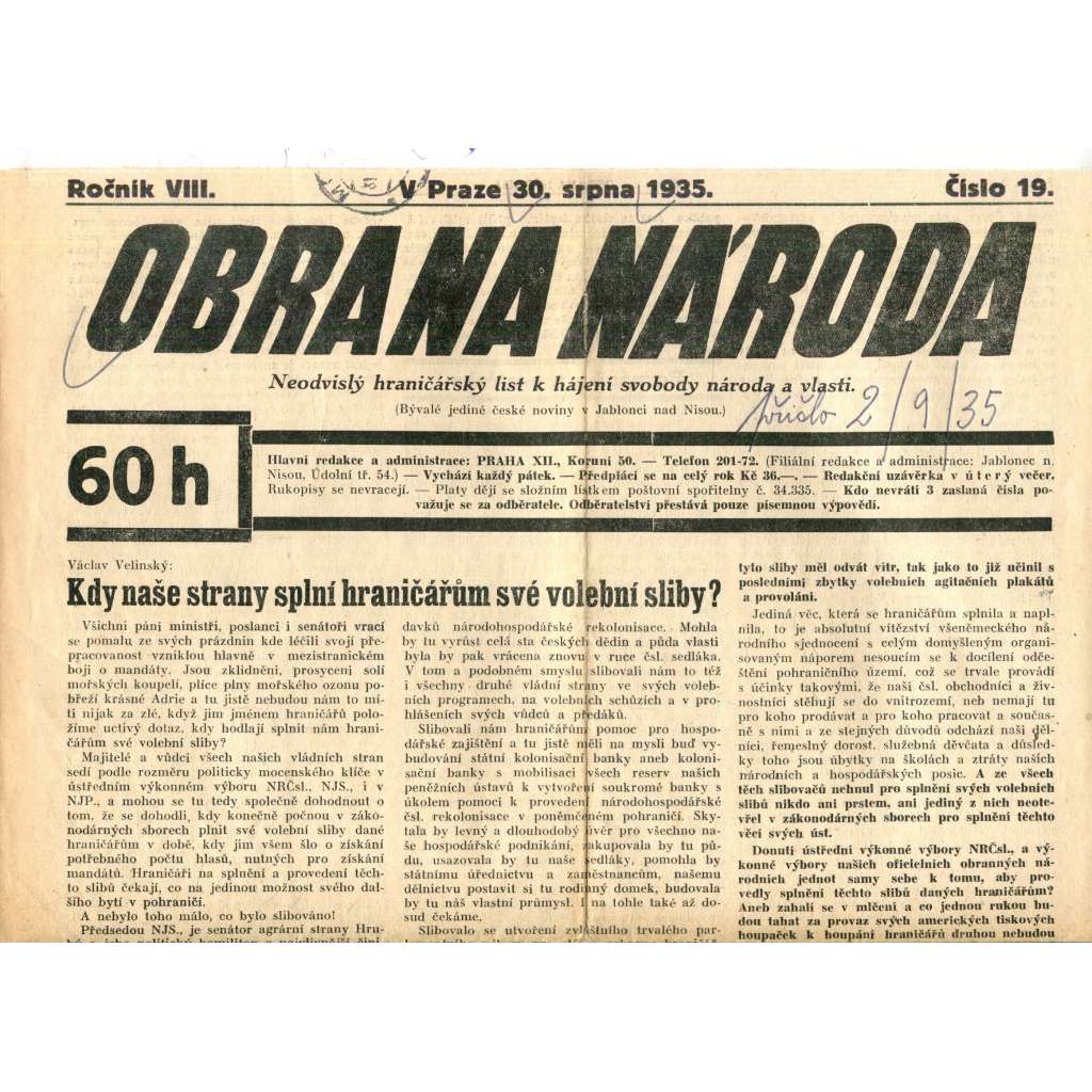 Obrana národa 30.8.1935 (antisemitismus, antisemitské, protibolševické noviny)