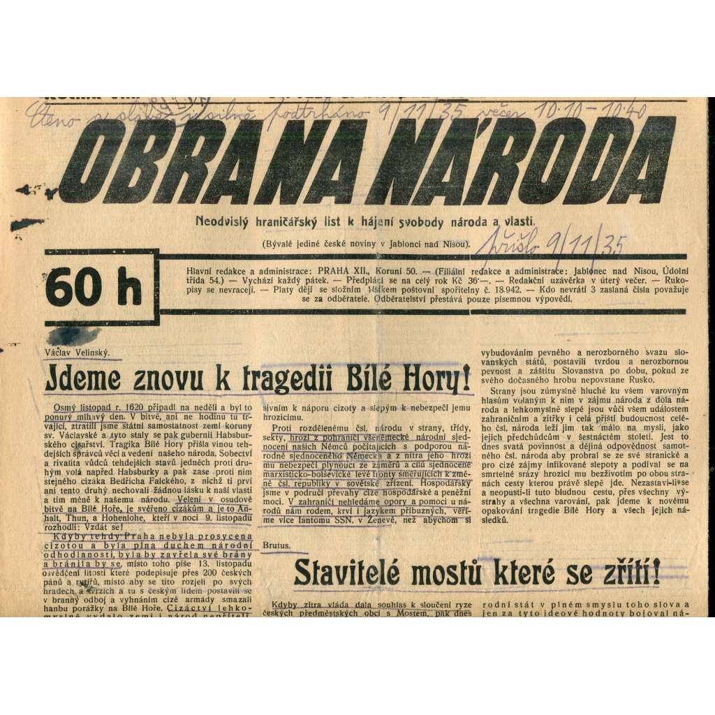 Obrana národa 8.11.1935 (antisemitismus, antisemitské, protibolševické noviny)