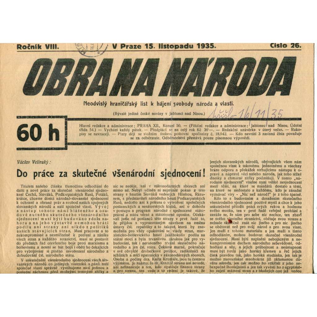 Obrana národa 15.11.1935 (antisemitismus, antisemitské, protibolševické noviny)