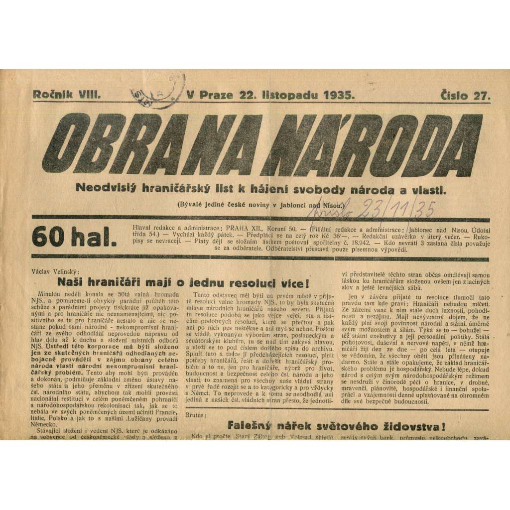 Obrana národa 22.11.1935 (antisemitismus, antisemitské, protibolševické noviny)