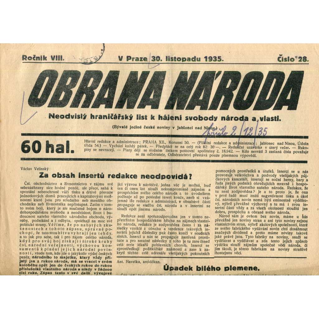 Obrana národa 30.11.1935 (antisemitismus, antisemitské, protibolševické noviny)