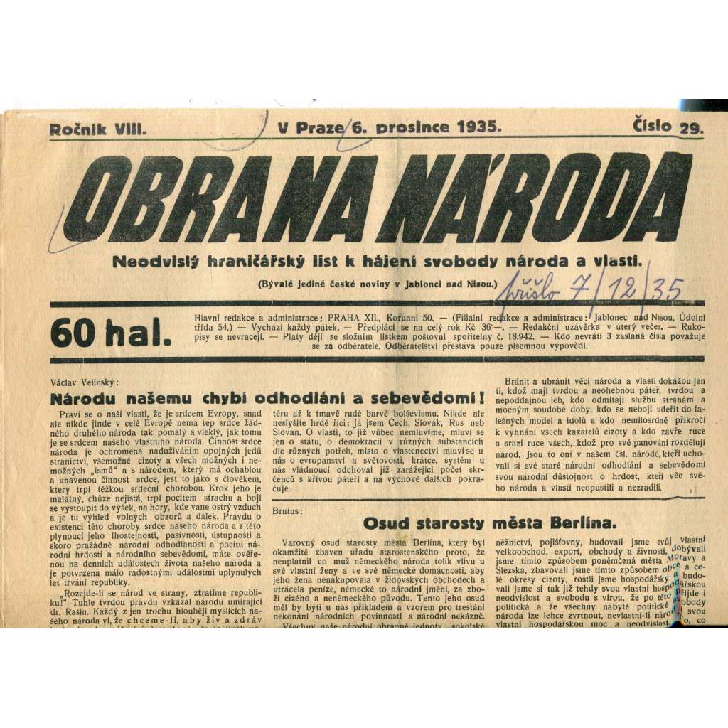 Obrana národa 6.12.1935 (antisemitismus, antisemitské, protibolševické noviny)