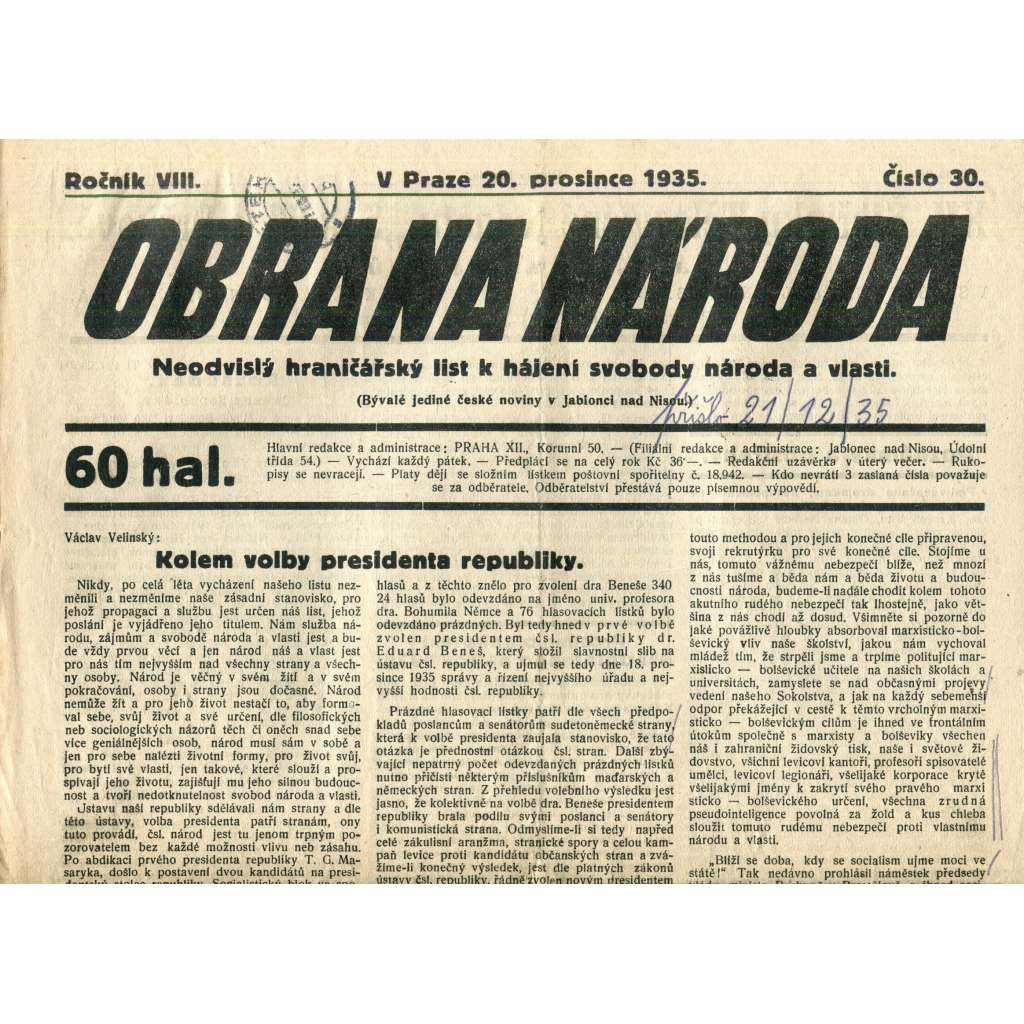 Obrana národa 20.12.1935 (antisemitismus, antisemitské, protibolševické noviny)