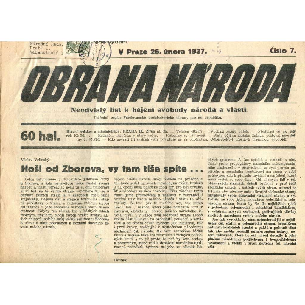 Obrana národa 26.2.1937 (antisemitismus, antisemitské, protibolševické noviny)
