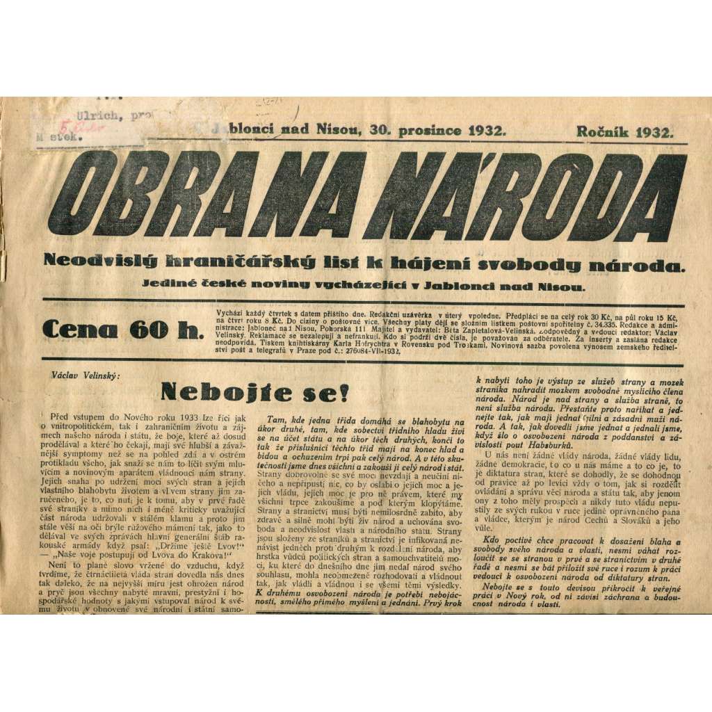 Obrana národa 30.12.1932 (antisemitismus, antisemitské, protibolševické noviny)