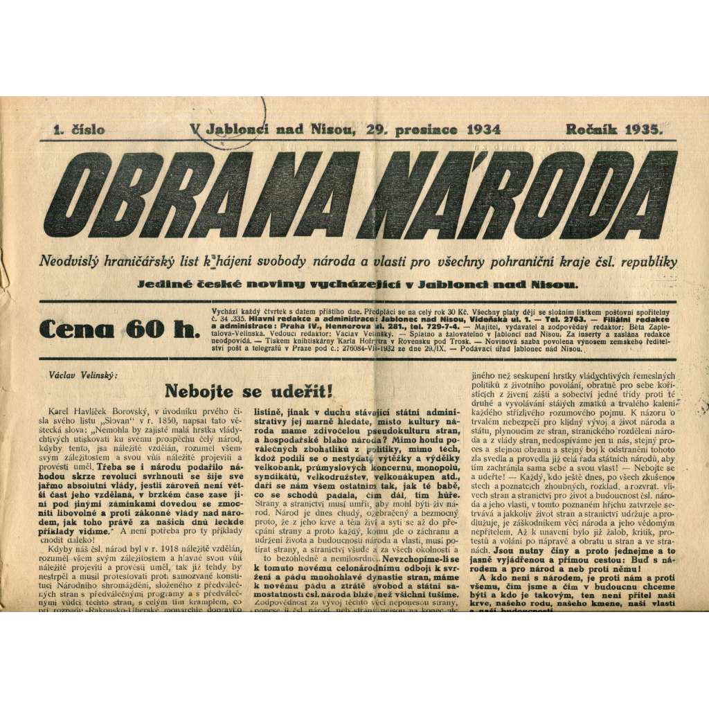 Obrana národa 29.12.1934 (antisemitismus, antisemitské, protibolševické noviny)