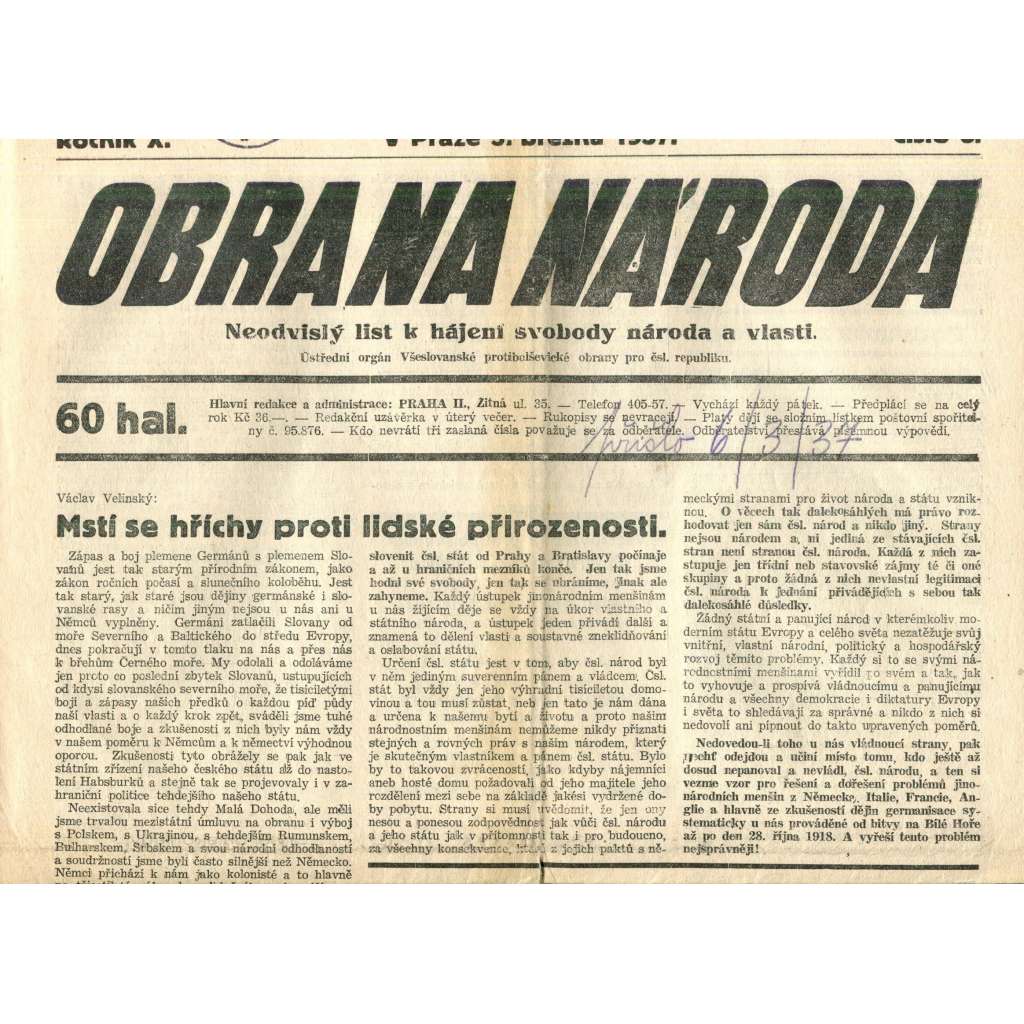 Obrana národa 5.3.1937 (antisemitismus, antisemitské, protibolševické noviny)