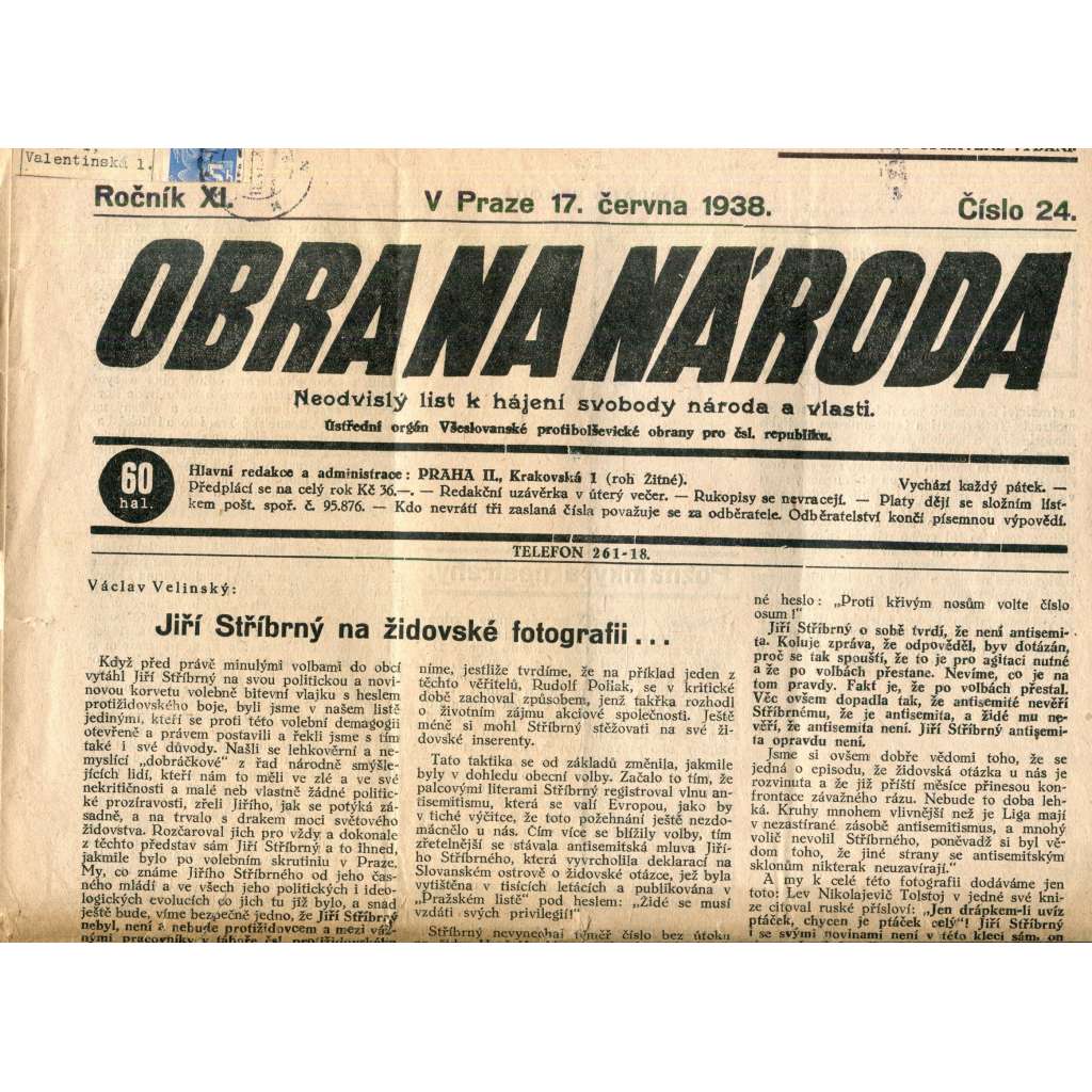 Obrana národa 17.6.1938 (antisemitismus, antisemitské, protibolševické noviny)