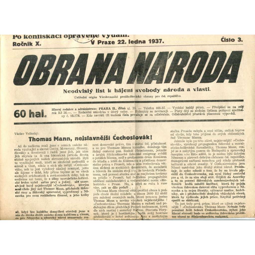 Obrana národa 22.1.1937 (antisemitismus, antisemitské, protibolševické noviny)