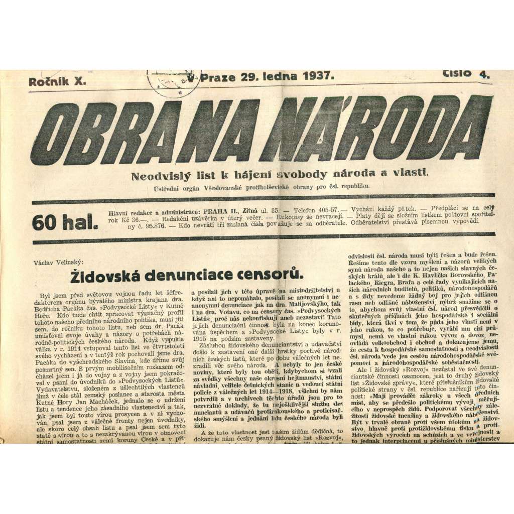 Obrana národa 29.1.1937 (antisemitismus, antisemitské, protibolševické noviny)