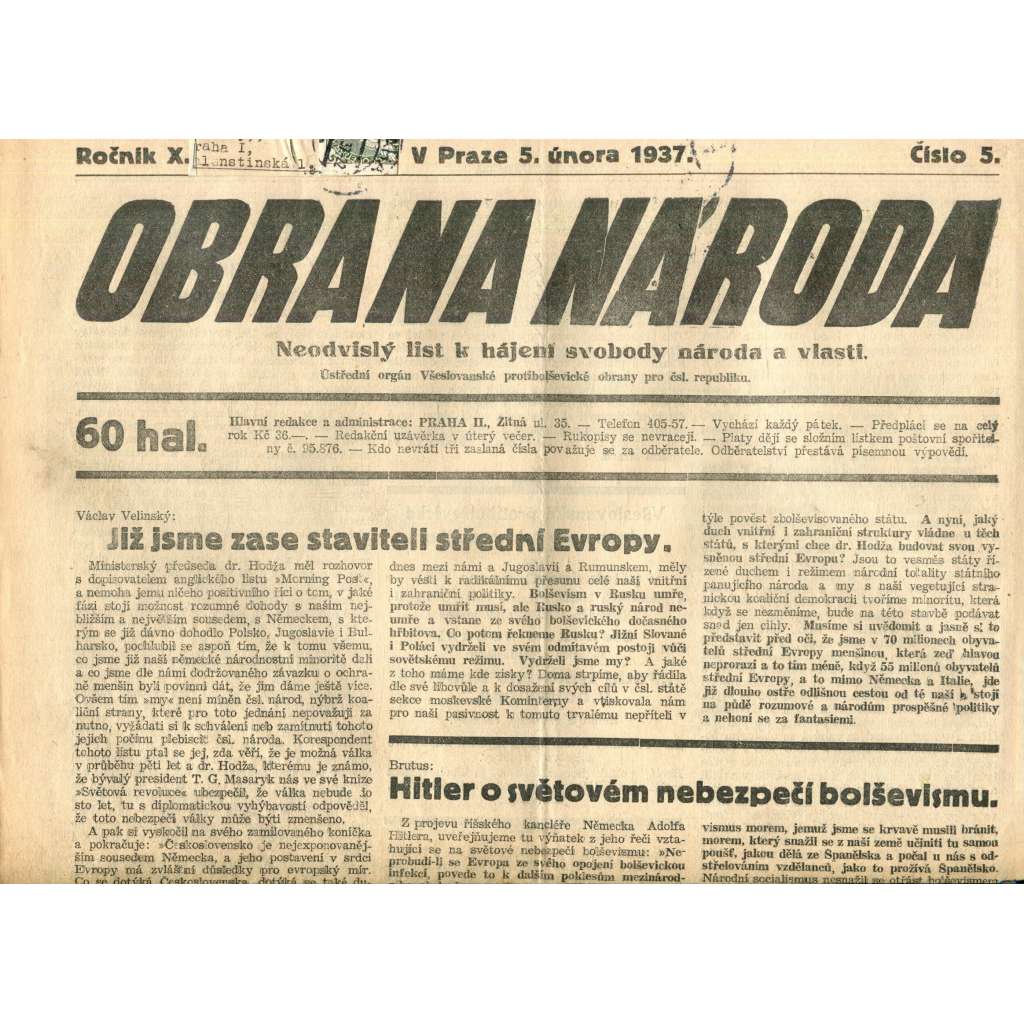Obrana národa 5.2.1937 (antisemitismus, antisemitské, protibolševické noviny)