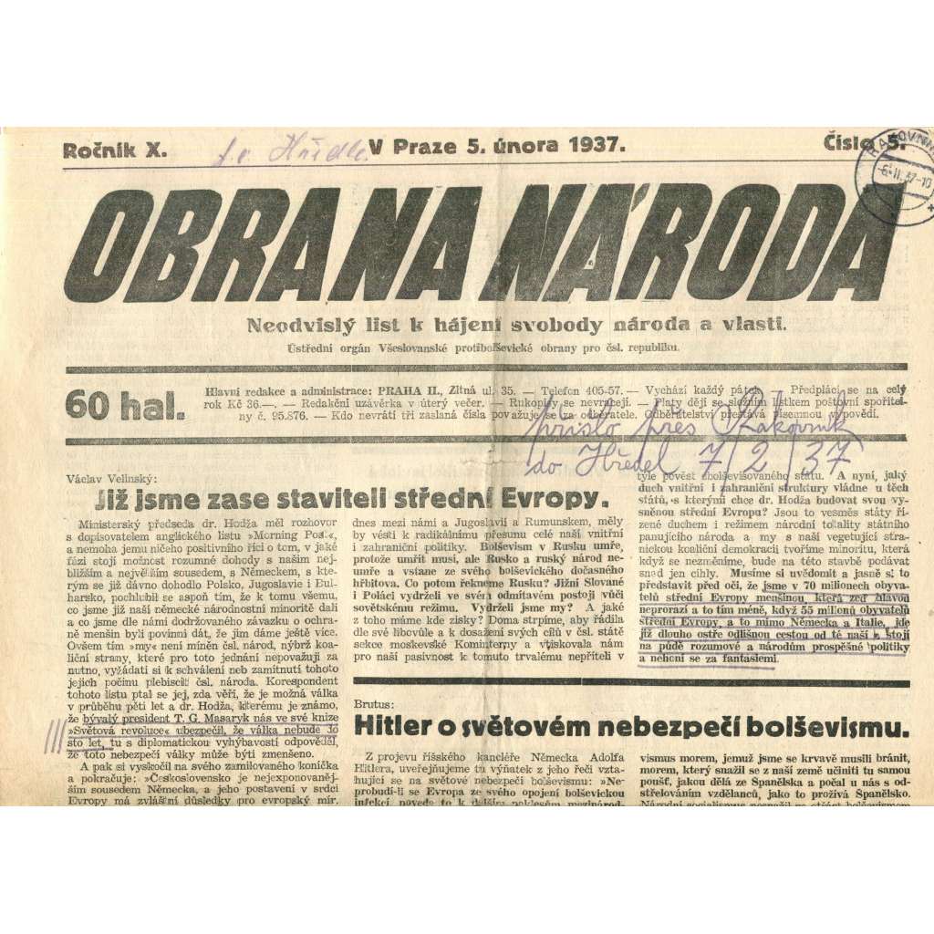 Obrana národa 5.2.1937 (antisemitismus, antisemitské, protibolševické noviny)